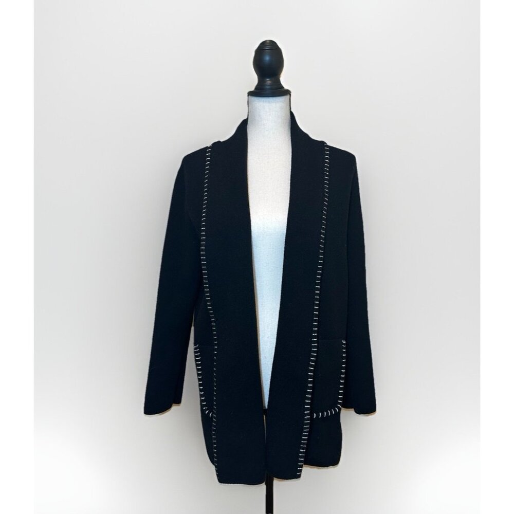 Magaschoni Sweater Women’s Large Black Cardigan White Stitch Trim Front Pockets